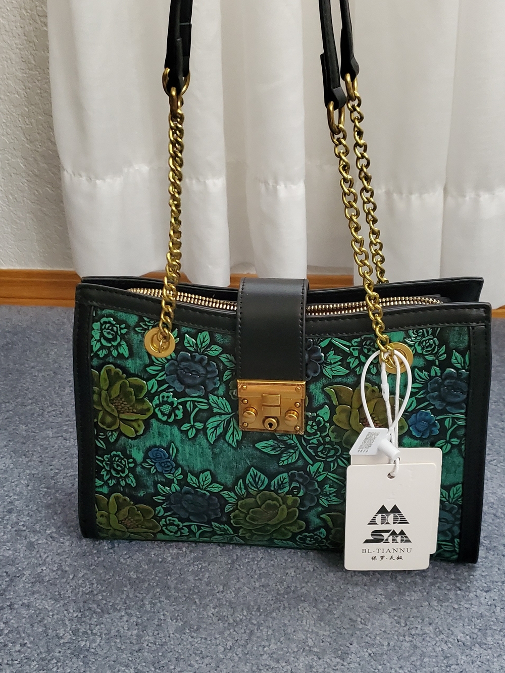 Green Floral Leather Shoulder Bag with Gold Chain Nwt